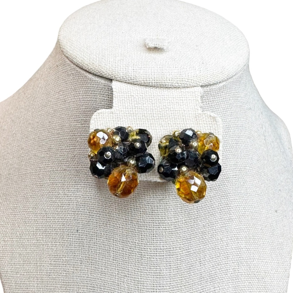 Vintage Trifari Amber & Black Cluster Beaded Clip On Earrings